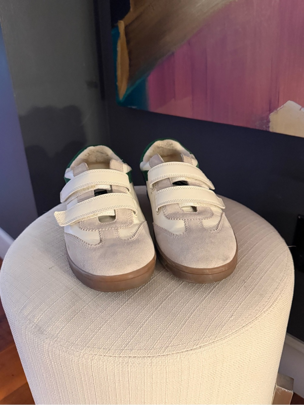 Sam Edelman Beige Suede & White Velcro Sneakers with Green Accent
